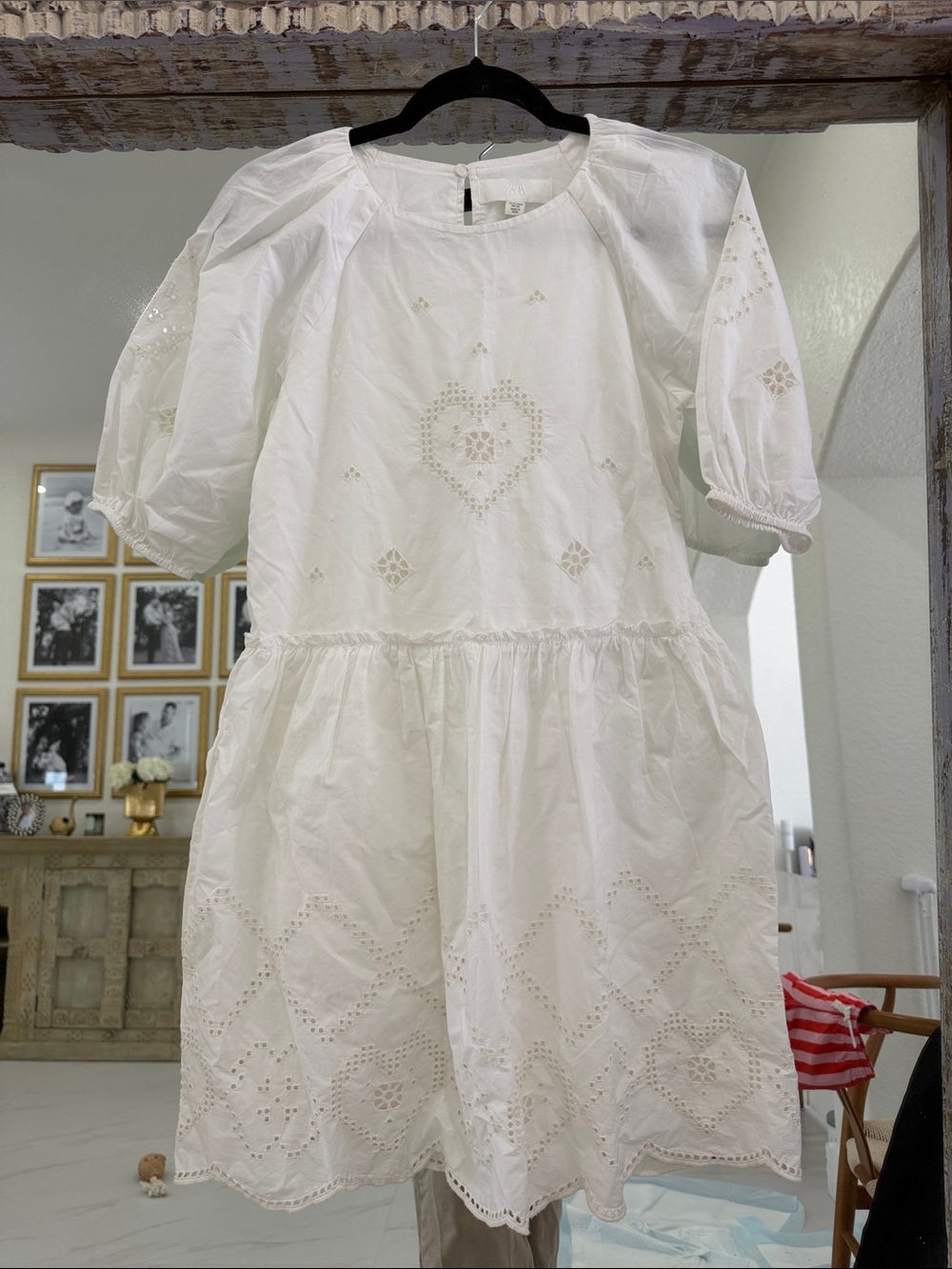 Zara White Eyelet Cotton Dress with Puff Sleeves
